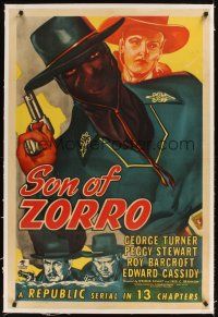 1a481 SON OF ZORRO linen 1sh '47 art of masked George Turner in title role, Republic serial!