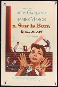 1a485 STAR IS BORN linen 1sh '54 great close up art of Judy Garland, James Mason, classic!