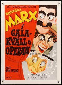 1a083 NIGHT AT THE OPERA linen Swedish R72 great Hirschfeld-like art of Groucho, Chico & Harpo Marx!