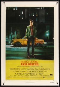 1a494 TAXI DRIVER linen 1sh '76 classic art of Robert De Niro by cab, directed by Martin Scorsese!