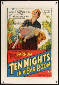 1a495 TEN NIGHTS IN A BARROOM linen style B 1sh '31 stone litho of William Farnum & his little girl