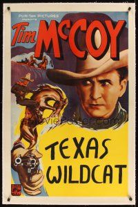 1a501 TIM MCCOY linen stock 1sh '30s cool artwork montage of cowboy Tim McCoy with gun & on horse!