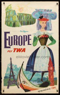 1a049 FLY TWA EUROPE linen travel poster 1960s wonderful artwork of landmarks by David Klein!