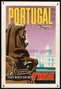 1a050 TRANS WORLD AIRLINES PORTUGAL linen travel poster '50s cool artwork of national landmarks!