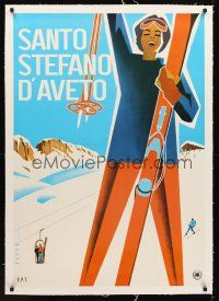 1a051 SANTO STEFANO D'AVETO linen Italian travel poster '50s cool female skiing art by Mario Puppo!