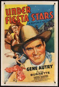 1a510 UNDER FIESTA STARS linen 1sh '41 great art of Gene Autry plus comic Smiley Burnette!