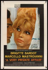1a514 VERY PRIVATE AFFAIR linen 1sh '62 Louis Malle's Vie Privee, c/u of sexiest Brigitte Bardot!