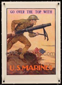 1a041 GO OVER THE TOP WITH U.S. MARINES linen 20x28 WWI war poster '17 art by John A. Coughlin!