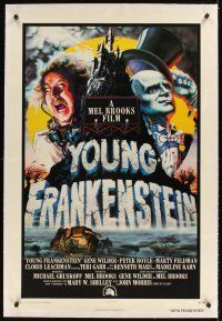 1a528 YOUNG FRANKENSTEIN linen int'l 1sh '74 Mel Brooks, art of Gene Wilder, Peter Boyle & Marty Feldman!