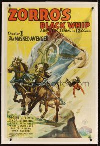 1a529 ZORRO'S BLACK WHIP linen chapter 1 1sh '44 Republic serial, art of stagecoach flipping!