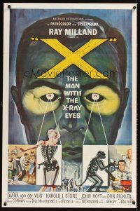 1b073 X: THE MAN WITH THE X-RAY EYES 1sh '63 Ray Milland strips souls & bodies, cool sci-fi art!