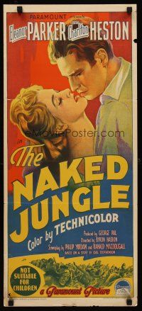 1c055 NAKED JUNGLE Aust daybill '54 Richardson Studio art of Charlton Heston & Eleanor Parker!