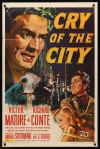 1c086 CRY OF THE CITY 1sh '48 film noir, cool c/u of Victor Mature, Richard Conte, Shelley Winters