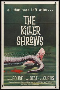 1c110 KILLER SHREWS 1sh '59 classic horror art of all that was left after the monster attack!