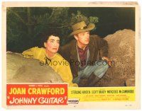 1c342 JOHNNY GUITAR LC #6 '54 c/u of Joan Crawford & Sterling Hayden behind rocks, Nicholas Ray