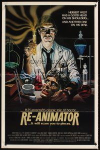 1c121 RE-ANIMATOR 1sh '85 great artwork of mad scientist with severed head on lab table!