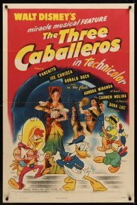 1c135 THREE CABALLEROS 1sh '44 Disney, cartoon art of Donald Duck, Panchito & Joe Carioca!