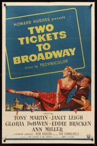 1c140 TWO TICKETS TO BROADWAY 1sh '51 great artwork of Janet Leigh & Tony Martin, Howard Hughes!