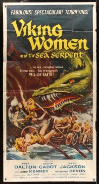 1d098 VIKING WOMEN & THE SEA SERPENT 3sh '58 cool art of sexy female warriors attacked on ship!