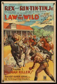 1d122 LAW OF THE WILD chapter 1 1sh '34 cool horse racing stone litho with Rin Tin Tin Jr!