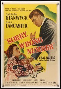 1d123 SORRY WRONG NUMBER 1sh '48 art of Burt Lancaster about to backhand Barbara Stanwyck!
