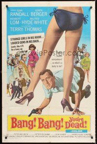 1e053 BANG BANG YOU'RE DEAD 1sh '66 wacky art of Tony Randall crouching between sexy legs!