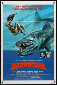 1e056 BARRACUDA 1sh '78 great artwork of huge killer fish attacking sexy diver in bikini!