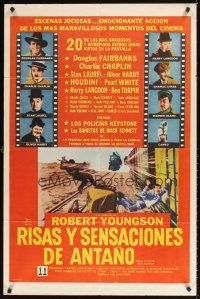 1e171 DAYS OF THRILLS & LAUGHTER Spanish/U.S. 1sh '61 Charlie Chaplin, Laurel & Hardy, train chase art!