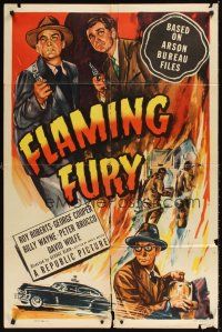 1e259 FLAMING FURY 1sh '49 from Arson Bureau files, cool artwork of firefighters & detectives!