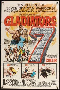 1e300 GLADIATORS SEVEN 1sh '63 art of 7 Spartan warriors who fight with the fury of thousands!