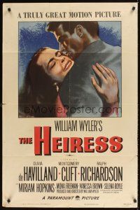 1e342 HEIRESS style A 1sh '49 William Wyler, c/u of Olivia de Havilland & Montgomery Clift!