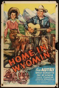 1e364 HOME IN WYOMIN' 1sh '42 art of Gene Autry playing guitar, pretty Fay McKenzie!