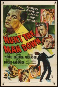 1e380 HUNT THE MAN DOWN style A 1sh '51 cool film noir art, secrets bared in search for killer!
