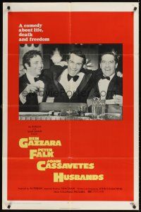 1e382 HUSBANDS 1sh '70 close up of Ben Gazzara, Peter Falk & John Cassavetes in tuxes at bar!