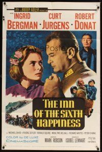 1e402 INN OF THE SIXTH HAPPINESS 1sh '59 close up of Ingrid Bergman & Curt Jurgens, Robert Donat