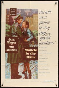 1e583 MIRACLE IN THE RAIN 1sh '56 great romantic art of Jane Wyman & Van Johnson!