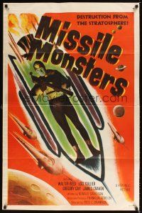 1e585 MISSILE MONSTERS 1sh '58 aliens bring destruction from the stratosphere, wacky sci-fi art!