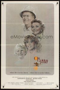 1e636 ON GOLDEN POND 1sh '81 art of Katharine Hepburn, Henry Fonda, and Jane Fonda by C.D. de Mar!