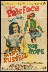 1e656 PALEFACE style A 1sh '48 close up of Bob Hope & sexy Jane Russell with pistol!
