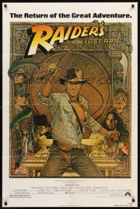 1e707 RAIDERS OF THE LOST ARK 1sh R82 great art of adventurer Harrison Ford by Richard Amsel!