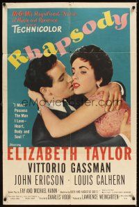 1e723 RHAPSODY 1sh '54 great romantic image of Elizabeth Taylor & Vittorio Gassman!