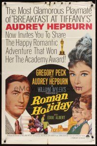 1e731 ROMAN HOLIDAY 1sh R62 Audrey Hepburn & Gregory Peck about to kiss and riding on Vespa!