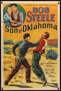 1e802 SON OF OKLAHOMA 1sh '32 great stone litho art of Bob Steele punching out bad guy!