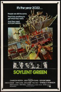 1e810 SOYLENT GREEN 1sh '73 art of Charlton Heston trying to escape riot control by John Solie!