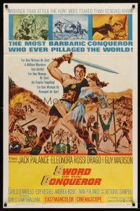 1e845 SWORD OF THE CONQUEROR 1sh '62 great art of Jack Palance as barbarian holding sexy girl!