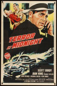 1e868 TERROR AT MIDNIGHT 1sh '56 Scott Brady, Joan Vohs, Frank Faylen, film noir!
