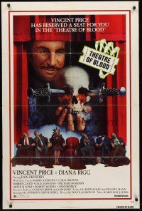1e872 THEATRE OF BLOOD 1sh '73 great art of Vincent Price holding bloody skull w/dead audience!