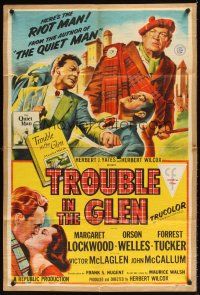 1e903 TROUBLE IN THE GLEN kraftbacked 1sh '54 art of Orson Welles & Margaret Lockwood in Scotland!