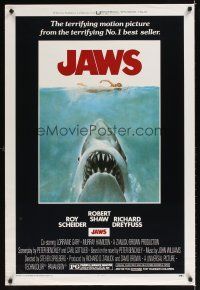 1g388 JAWS REPRODUCTION 1sh '75 art of Spielberg's classic man-eating shark attacking swimmer!