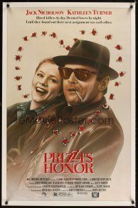 1g564 PRIZZI'S HONOR 1sh '85 cool art of smoking Jack Nicholson & Kathleen Turner w/bullet holes!